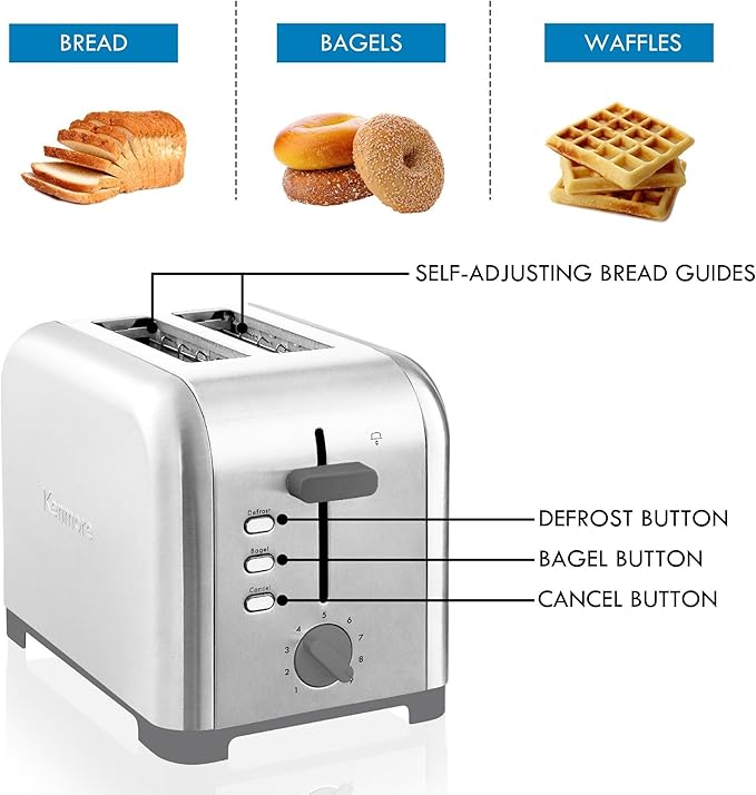 Kenmore toaster 2 slice - extra wide slot countertop kitchen appliance, defrost function, tostador de pan, 9 shade settings, compact design, easy clean crumb tray, bread bagel, stainless steel
