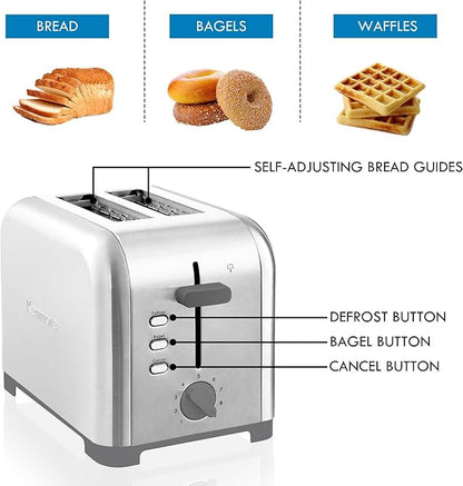 Kenmore toaster 2 slice - extra wide slot countertop kitchen appliance, defrost function, tostador de pan, 9 shade settings, compact design, easy clean crumb tray, bread bagel, stainless steel