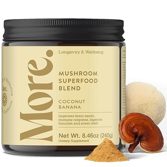 More. Longevity & Wellbeing Mushroom Superfood Blend with Natural Caffeine – 7 Functional Mushrooms with Lion’s Mane Supplement, Reishi, Chaga & Ashwagandha Extract , Instant Mushroom Supplement for Energy & Focus – Coconut Banana