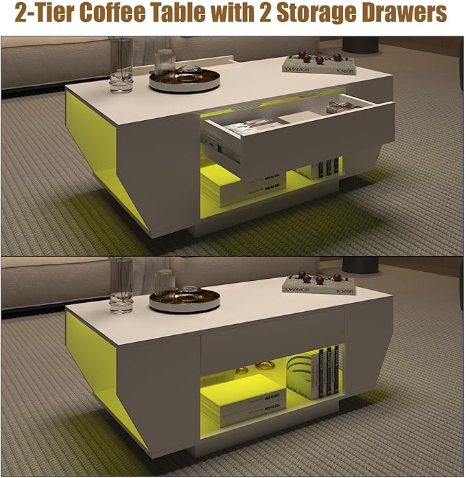 42" White Modern Coffee Table for Living Room, High Glossy Wooden Living Room Table with Storage, Led Rectangular Coffee Tables with 2 Drawers, Wood Center Table for Reception Dinning Room