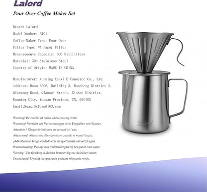 Pour Over Coffee Maker, 304 Stainless Steel wIth 100 pcs Size 02 Cone Paper Filters & 600ml Milk Frothing Pitcher, for Home & Camping