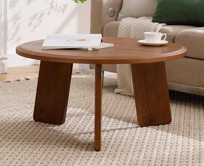 chairus 32 Inches Round Coffee Table Solid Wood Side Table Cute Circle End Table for Living Room, Home Decor, Balcony, Walnut