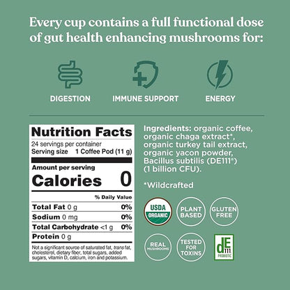 Four Sigmatic Gut Health Organic Coffee Pods | Medium Roast Probiotic K Cups with Chaga and Turkey Tail | Immune Boosting, Probiotic Mushroom Coffee K Cups for Gut Health and Immune Support | 24 Count