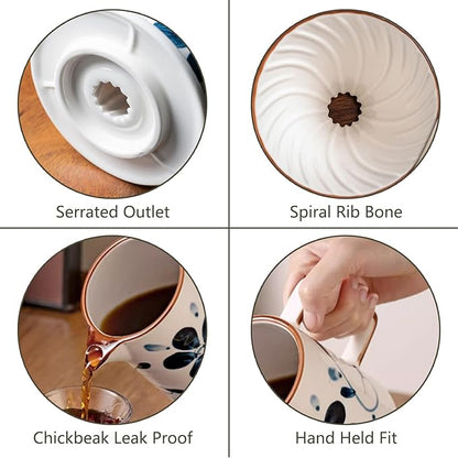 Ceramic Pour Over Coffee Maker Set, 60 Angle Ceramic Coffee Dripper with Single Hole, Coffee Pot & 100 Paper Filters for Home, Travel, Camping (1-4 Cup)