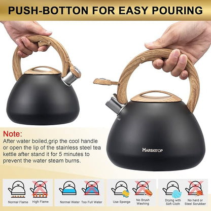 MARSKITOP Tea Kettle for Stove Top, Whistling Kettle Teapot for Stovetop, Food Grade Stainess Steel Teakettle with Cool Touch Ergonomic Handle, 2.6 Quart, Black