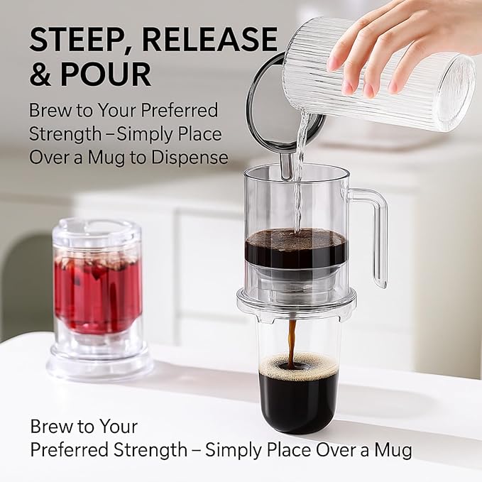 Pour-Over & Immersion Coffee Dripper & Maker, Stop-Valve 17oz Steep-and-Release Brewer, 304 Stainless Steel Mesh Filter, Insulated Handle, Fits Mugs ≤3.5" Rim, BPA-Free (Transparent)
