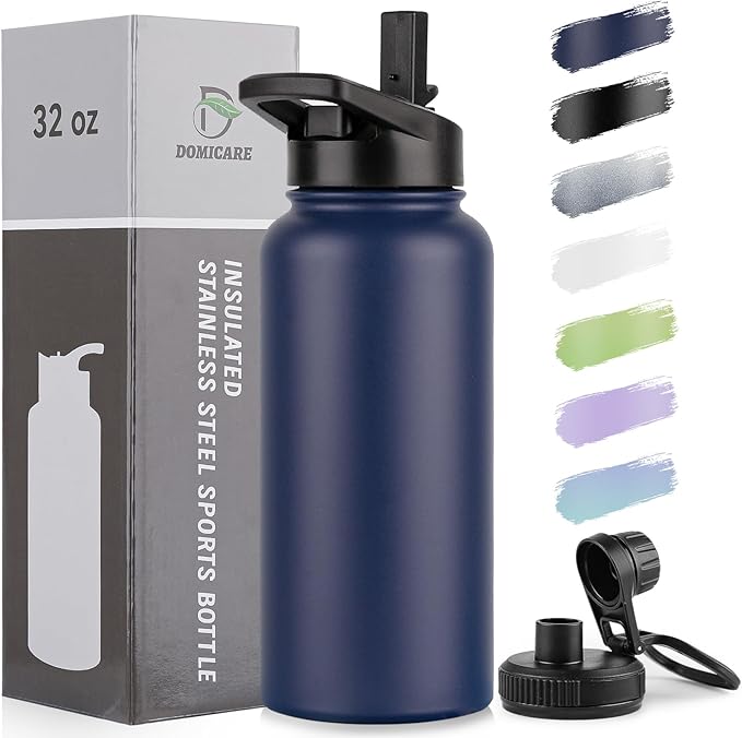 DOMICARE 32 oz Insulated Water Bottle, Vacuum Insulated Stainless Steel Sports Water Bottle with Straw Lid & Spout Lid, Leakproof, Reusable - Travel, Camping, Bike, Navy Blue