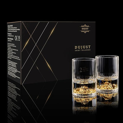 DUJUST 【2025 New Design】 Gold Mountain Shot Glasses (1.5oz), Crystal Shot Glass Set Decorated with 24K Gold Mountain, BPA-Free & Lead-Free, Perfect for Décor & Collection, Gift Choices - 2 pcs