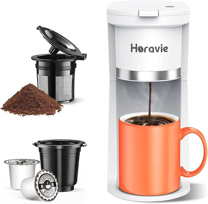 Small Single Serve Coffee Maker, Fast Brew One Cup Coffee Machine for K Cup and Grounds, 6 to 12 oz. Brew Sizes, Capsule Coffee Machine with Descaling Reminder and Viewing Tank, White