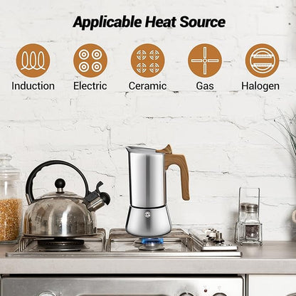 No Coating 4 Cup Moka Pot Thickened 304 Stainless Steel Stovetop Espresso Coffee Maker 200ml 6.8oz Mocha Percolator Greca Cuban Ideal for Making Rich Authentic Italian Café