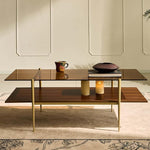 Load image into Gallery viewer, AGV LIGHTING Tadio Large Glass Coffee Table, Mid-Century Modern Coffee Table for Living Room, Gold Finish Leg, Coffee Brown Glass Top &amp; Walnut Brown Shelf, 47 in