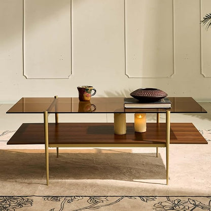AGV LIGHTING Tadio Large Glass Coffee Table, Mid-Century Modern Coffee Table for Living Room, Gold Finish Leg, Coffee Brown Glass Top & Walnut Brown Shelf, 47 in