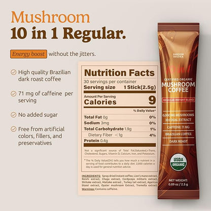 10-in-1 USDA Certified Organic Mushroom Coffee Instant, Instant Mushroom Coffee Brazilian Dark Roast for Better Energy, Focus, Gut Health, 30 Sticks, Regular Caffeine - MatchaDNA