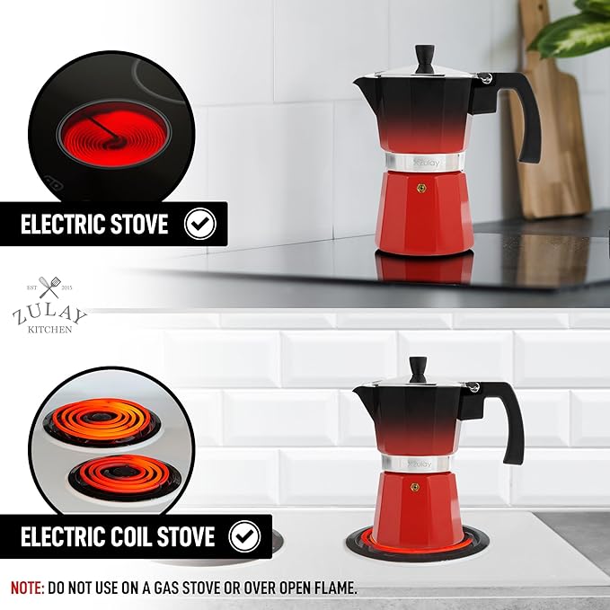 Zulay Classic Stovetop Espresso Maker for Great Flavored Strong Espresso, Classic Italian Style 3 Espresso Cup Moka Pot, Makes Delicious Coffee, Easy to Operate & Quick Cleanup Pot (Red/Black)