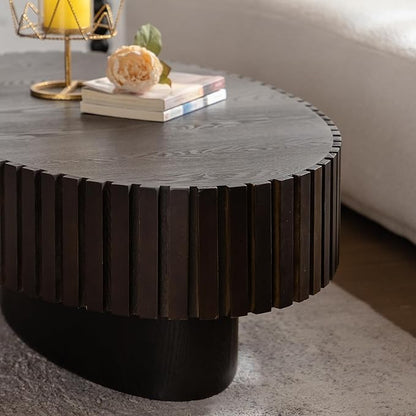 43.31" Oval Drum Coffee Table, Modern Handcraft Fluted Drum Center Table, Wooden Oval Coffee Table Center Table with Sturdy Pedestal for Living Room Apartment (Walnut+Black)