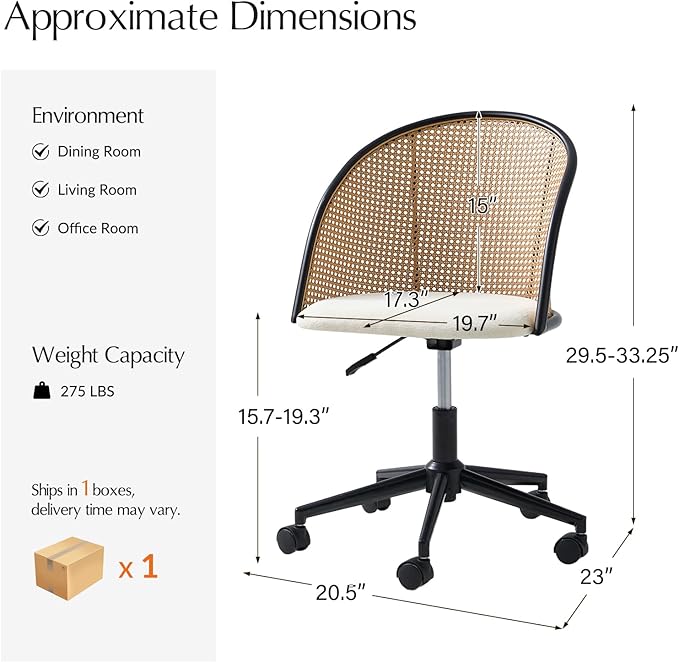 HULALA HOME Rattan Home Office Desk Chair with Curved Backrest, Caster Wheels, Height Adjustable, Accent Task Computer Chair for Home Work, Conference, Dining Room, White