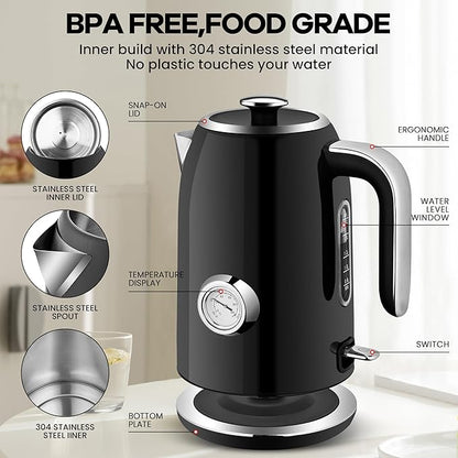SULIVES Electric Kettle, 1.7L Stainless Steel Tea Kettle with Temperature Gauge, 1500W Water Boiler with LED Light, BPA-Free, Auto Shut-Off and Boil-Dry Protection,Black