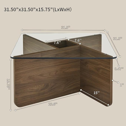31.5" Glass Coffee Table, MDF Mid-Century Modern Square Coffee Table with Tempered Glass Top, Square Center Tables for Small Space Living Room Office Apartment, Walnut