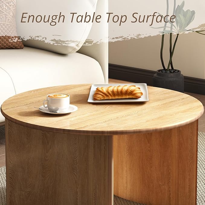 31.5″ Round Coffee Table, Natural Wooden Circle Coffee Table with Curved Base, Solid Wood, Ideal for Living Room, Apartment, Compact Place