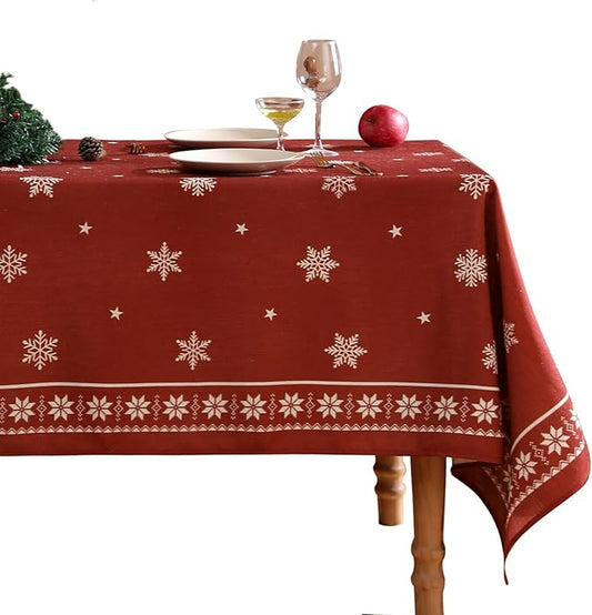 Designer Christmas Red Extra Long Rectangle Tablecloth,Linen Table Cloth with Snowflakes Pattern,Wrinkle Resistant Decor Tablecloths for Dining Kitchen Thanksgiving,63"*110"-Carol C