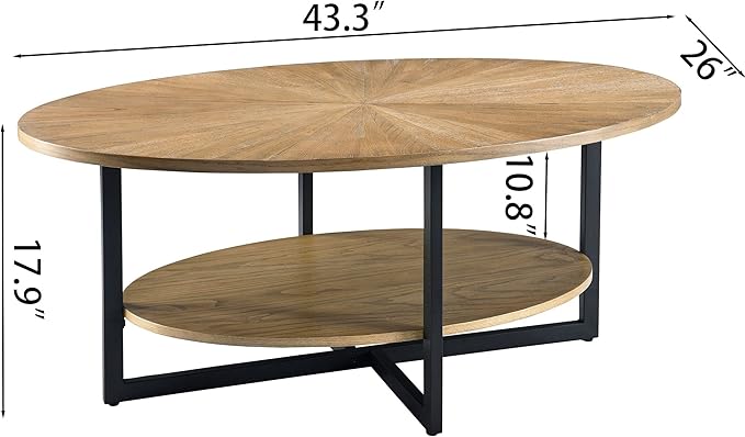 Solid Wood Oval Coffee Table with Cross Metal Legs, 43.3in Modern Industrail Center Table with Open Shelf Cocktail Tea Table for Living Room Bedroom, Rustic Nature 1811