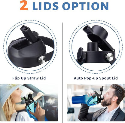 32oz Insulated Water Bottle with Straw - Keep Cold 48h or Hot 24h, Vacuum Stainless Steel Tumbler Metal Flask w/Survival Paracord Handle & Carrier Bag, T-shape Coffee Cup Fit Car Cup Holder