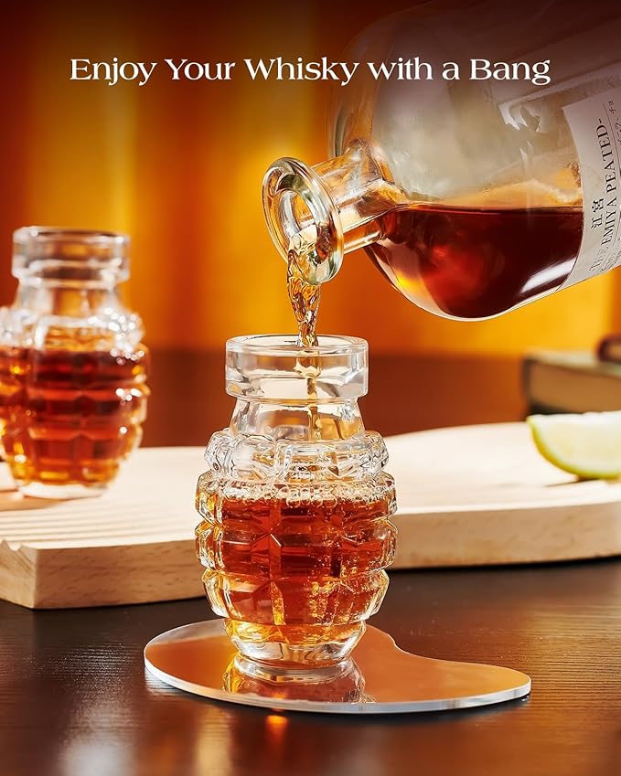 Kollea 8 x Grenade Shot Glass Set for Christmas, Cool Shot Cups with Heavy Base, Birthday Gifts for Men Him Brother, For Whiskey, Tequila, Vodka, Liquor, Military Fans, Cool Men Cave Decor, Tumbler