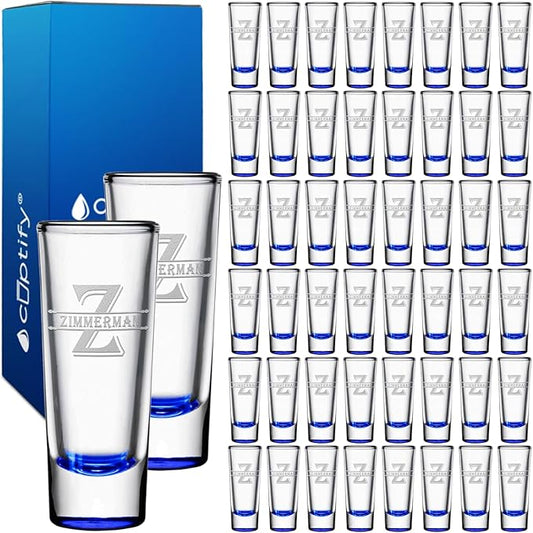 Personalized Shot Glasses Set of 50 Blue Bottom Custom 2 oz Cordial Shot Glass Initial and Name for Gifts, Weddings, Birthdays, Party, Event, Decorations