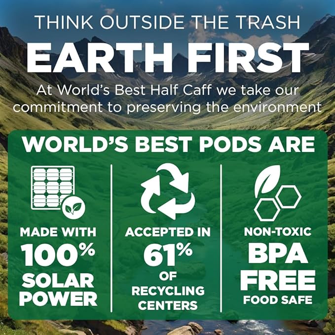 World's Best Half Caff Dark Roast Coffee Pods, 18 ct, Recyclable Single Serve Pods – 100% Arabica Coffee, Compatible with Keurig K Cups Maker