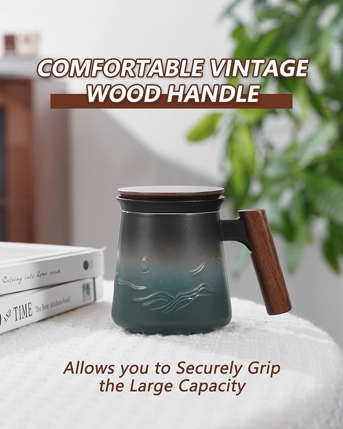 ZENS Embossed Ceramic Tea Mug with Infuser and Lid, 14.5 oz Wooden Handle, Loose Leaf Tea Steeper Cup & Strainer for Tea Lovers Gifts