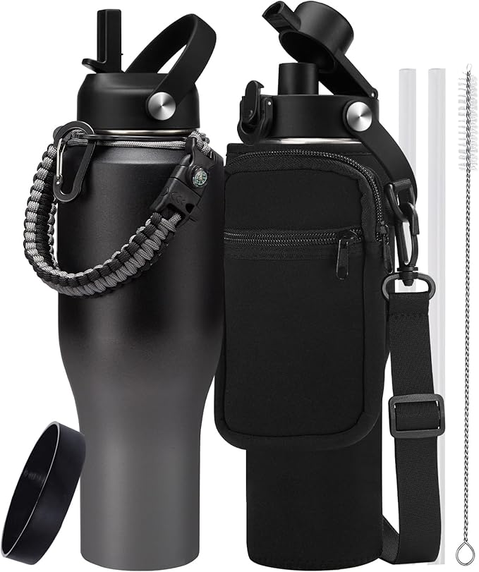 40 oz Insulated Water Bottle Fit in Car Cup Holder - 40oz Metal Water Bottle with Straw & Auto Spout Lids, Paracord Handle, Carrier Bag & Water Flask Boot, Travel Tumbler Cup Keep Cold-48h Hot-24h