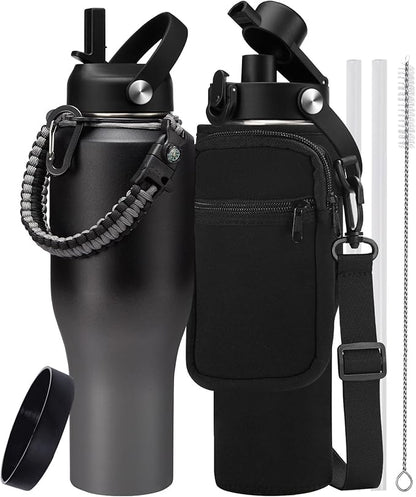40 oz Insulated Water Bottle Fit in Car Cup Holder - 40oz Metal Water Bottle with Straw & Auto Spout Lids, Paracord Handle, Carrier Bag & Water Flask Boot, Travel Tumbler Cup Keep Cold-48h Hot-24h