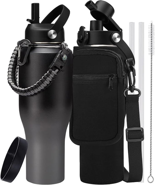 40 oz Insulated Water Bottle Fit in Car Cup Holder - 40oz Metal Water Bottle with Straw & Auto Spout Lids, Paracord Handle, Carrier Bag & Water Flask Boot, Travel Tumbler Cup Keep Cold-48h Hot-24h