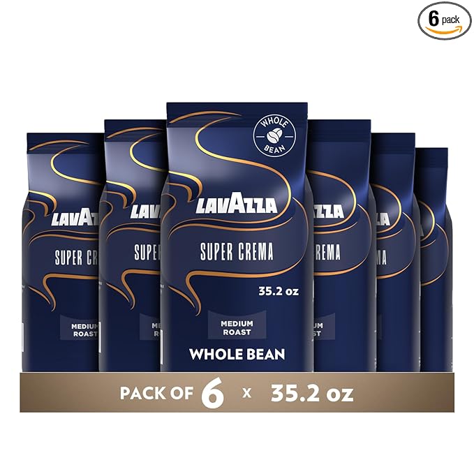 Lavazza Super Crema Whole Bean Coffee, Medium Espresso Roast, Arabica and Robusta Blend, 2.2 lb Bag, Package May Vary (Pack of 6)