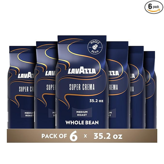 Lavazza Super Crema Whole Bean Coffee, Medium Espresso Roast, Arabica and Robusta Blend, 2.2 lb Bag, Package May Vary (Pack of 6)