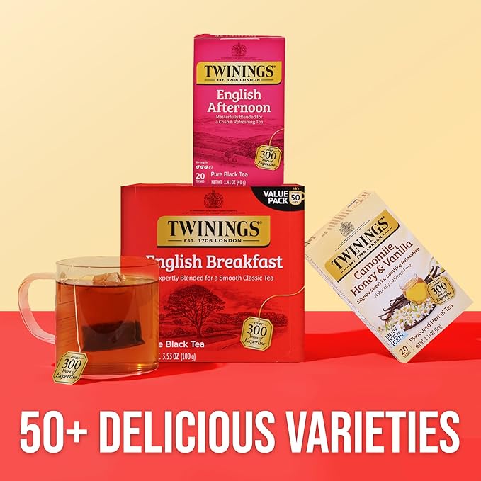Twinings English Afternoon Black Tea Individually Wrapped Bags, 20 Count (Pack of 1), Smooth & Slightly Sweet, Caffeinated, Enjoy Hot or Iced, 20 Teabags