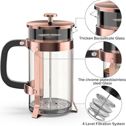 QUQIYSO French Press Coffee Maker 34oz 304 Stainless Steel with 4 Filter, Heat Resistant Durable, Easy to Clean, Borosilicate Glass Press, 100% BPA Free Teapot (Copper)
