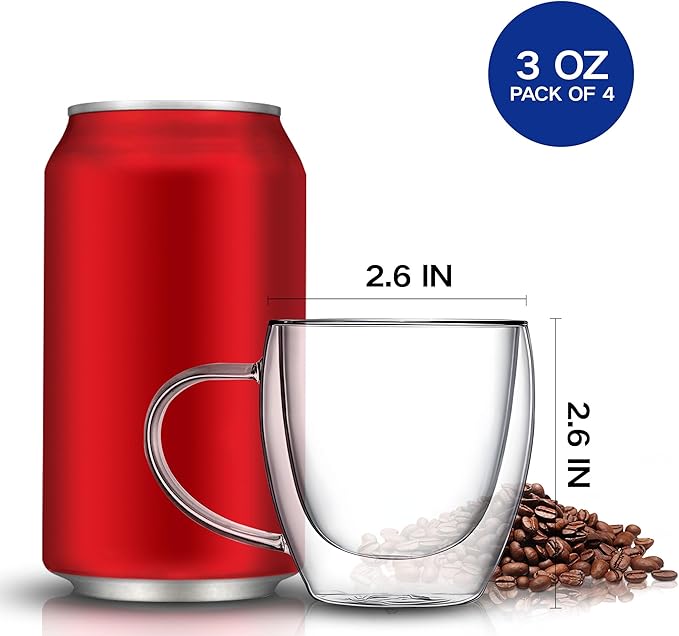 Set of 4 Double Walled Glass Coffee Mugs 3 Ounces Insulated Layer Coffee Cups with Handle Borosilicate Glass Espresso Cup for Hot Beverage,Cappuccino,Tea,Latte,Wine,Microwave Safe