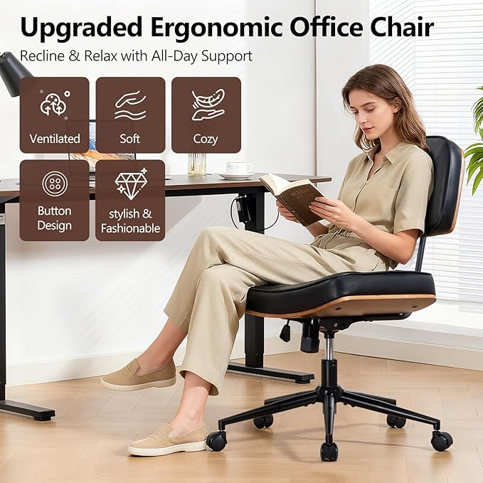 Armless Office Chair with Wheels, Adjustable Height Desk Chair Leather Swivel Computer Chair, Modern Walnut Office Side Chair for Meeting Room Office, Black