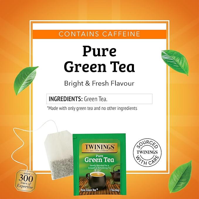 Twinings Pure Green Tea Individually Wrapped Bags, 50 Count (Pack of 6), Smooth Flavour, Enticing Aroma, Caffeinated, Enjoy Hot or Iced, 300 Teabags