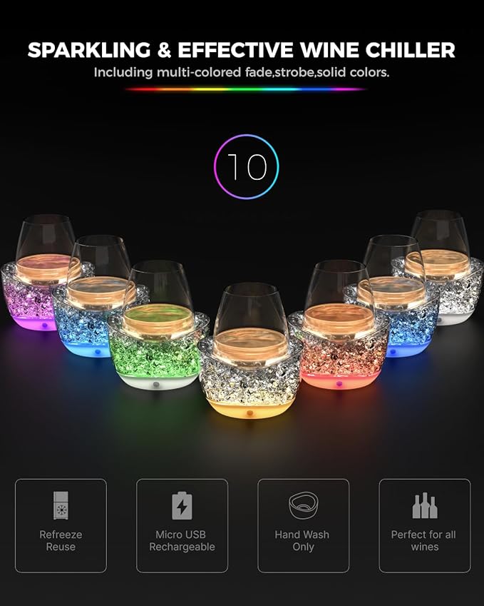 Wine Chiller for Glass Stemless Wine Glass Chiller Keeps Your Glasses of Vino Cold 10 Color Light Modes Separable Wine Essentials Accessories (Blue)