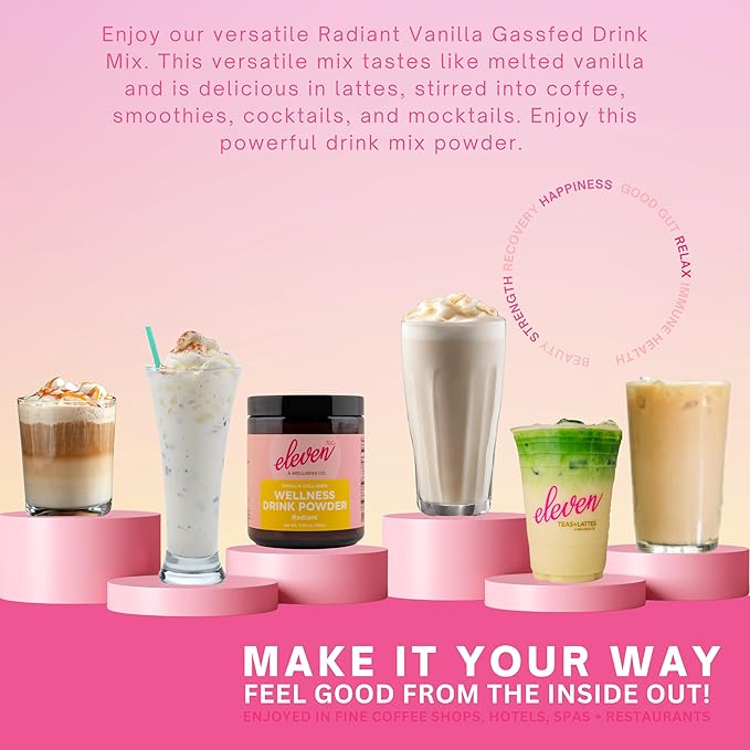 Eleven TLC, Radiant Beauty Bovine Collagen Peptides Drink Mix, Ashwagandha, Hydrolyzed Collagen, Bee Pollen, Vanilla Protein Powder, Dairy Free, Superfood Lattes, Wellness Hydration Mix, 63 Servings