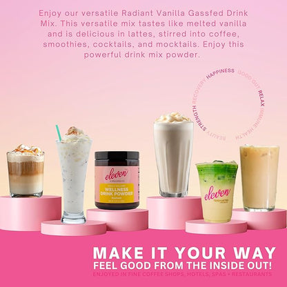 Eleven TLC, Radiant Beauty Bovine Collagen Peptides Drink Mix, Ashwagandha, Hydrolyzed Collagen, Bee Pollen, Vanilla Protein Powder, Dairy Free, Superfood Lattes, Wellness Hydration Mix, 63 Servings