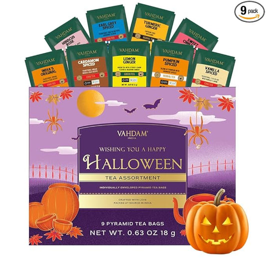 VAHDAM, Limited Edition Halloween Tea Gift Basket | 9 Premium Variety Pyramid Tea Bags | Halloween Gifts for Women, Men and Adults I Tea Gift Set