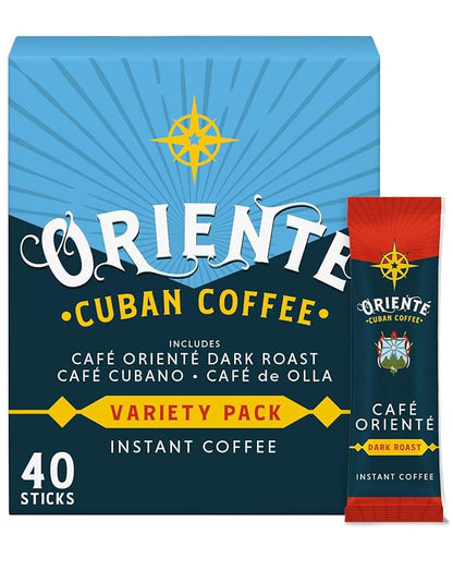 Oriente Variety Pack Instant Coffee, 40 ct, Cafe Oriente, Cafe Cubano, Cafe De Olla– 100% Arabica Coffee, Instant Hot or Iced Coffee - Just add water