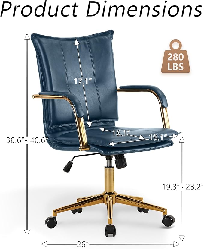 MOJAY Mid-Back Ergonomic Leather Office Chair, Modern Upholstered Executive Desk Chair with Gold Frame Armrest Computer Task Chair (DarkBlue)