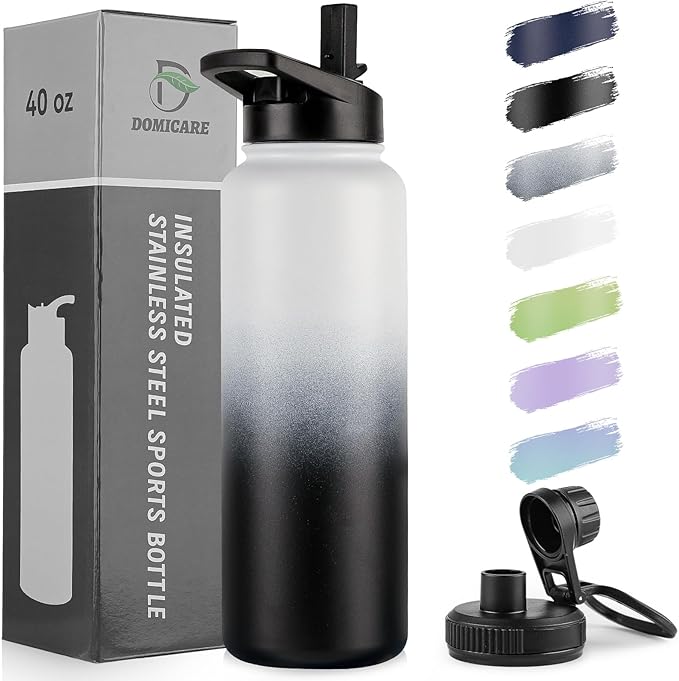 DOMICARE 40 oz Insulated Water Bottle, Vacuum Insulated Stainless Steel Sports Water Bottle with Straw Lid & Spout Lid, Leakproof, Reusable - Travel, Camping, Bike, Black White Gradient