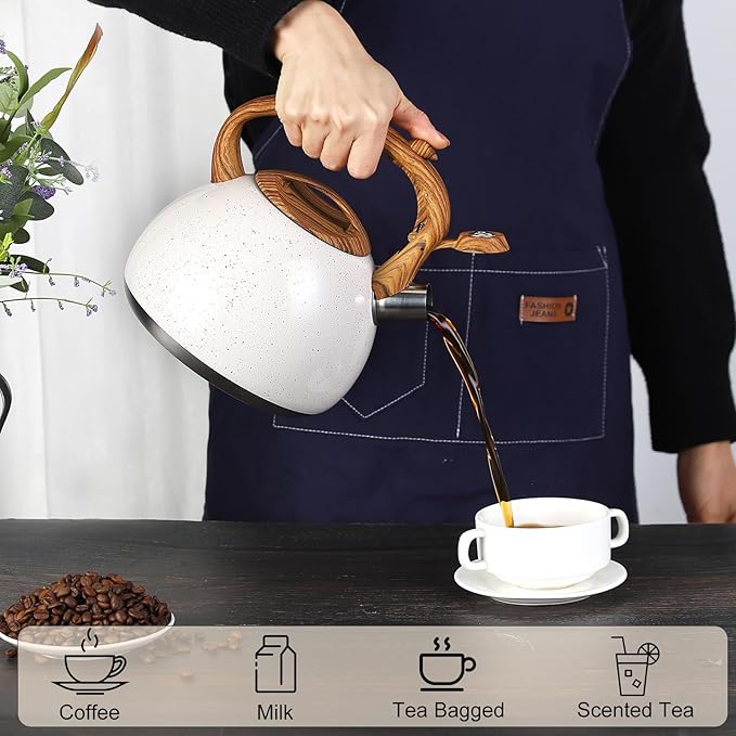Tea Kettle, Vegoran 100 OZ / 3 Liter Whistling Tea Kettle, Tea Pots for Stove Top Food Grade Stainless Steel with Wood Pattern Folding Handle, Loud Whistle Kettle for Tea, Coffee, Milk (B-White)