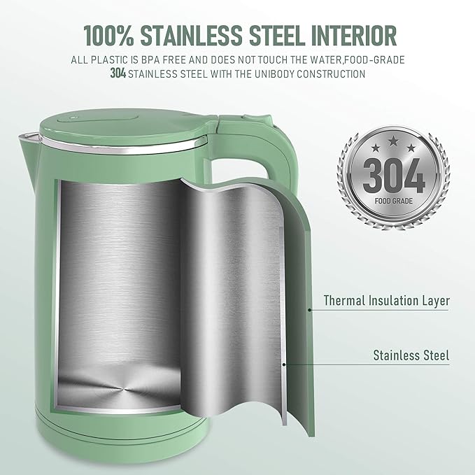 1.7L Electric Kettle Quiet, Double Wall Hot Water Boiler BPA-Free, Quiet Boil and Cool Touch Tea Kettle, Cordless with Auto Shut-Off & Boil Dry Protection, 1500W Fast Boiling, Green