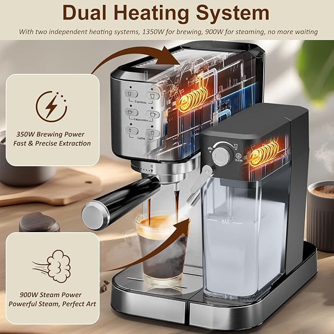 Espresso Machine 20 Bar, Coffee Maker with Automatic Milk Frother, 6-in-1 One-Touch Small/Large Shot, Espresso Maker for Cappuccino/Latte, Compact for Home and Office, Stainless Steel